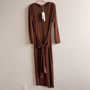 Tie waist Brown Long Sleeve Dress